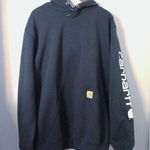 Men's Carhartt Hoodie XL Navy Blue Loose Fit Midweight Logo Sleeve Pullover
